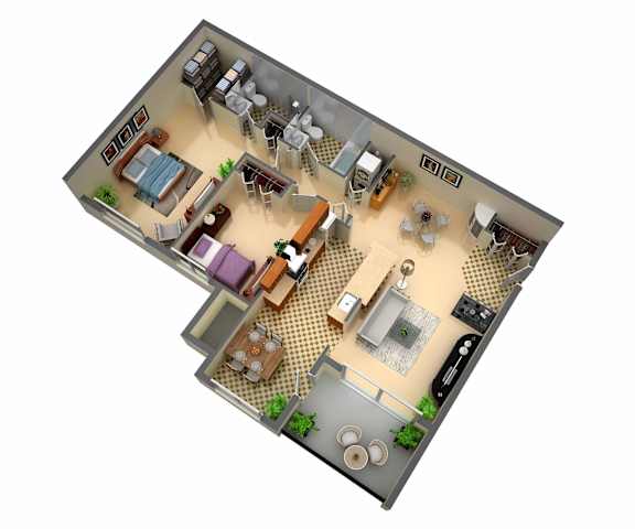 A 3D floor plan of a house with a kitchen, living room, dining room, and bathroom.