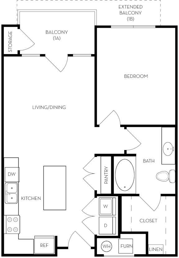 A floor plan of a house with a living room, kitchen, and two bathrooms.