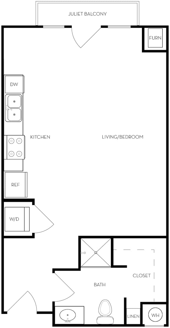 A floor plan of a home with a living room, kitchen, bathroom and closet.