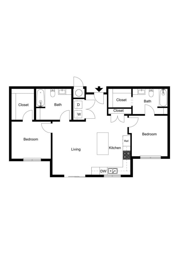 2 Bed 2 Bath Standard Apartment 2D Floor Plan