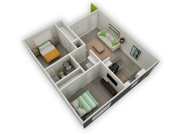 A 3D floor plan of a small apartment with a bedroom, living room, and kitchen.
