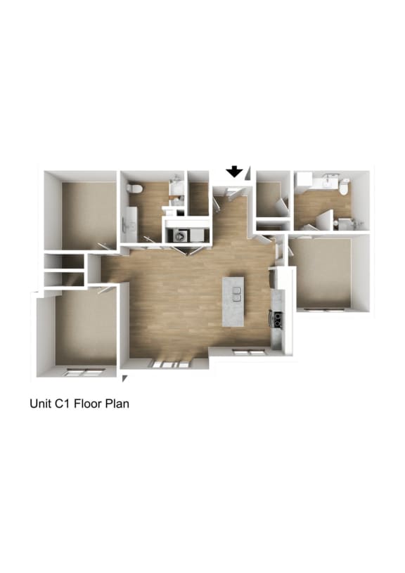 3 Bed 2 Bath Standard Apartment 3DU Floor Plan