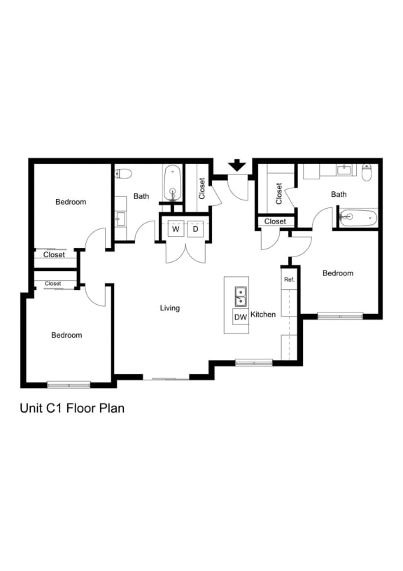 3 Bed 2 Bath Standard Apartment 2D Floor Plan