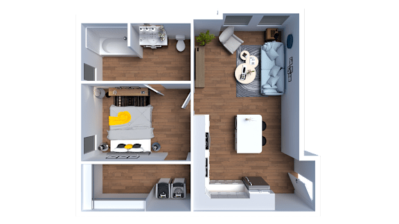 A 3D floor plan of a small apartment with a bedroom, living room, and kitchen.