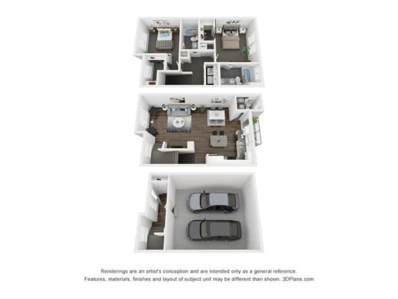 Aero Luxury Townhomes | 2 Bed Townhome B 3D Floor Plan