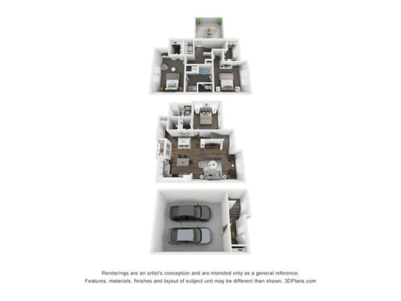 Aero Luxury Townhomes | 3 Bed Townhome 3D Floor Plan