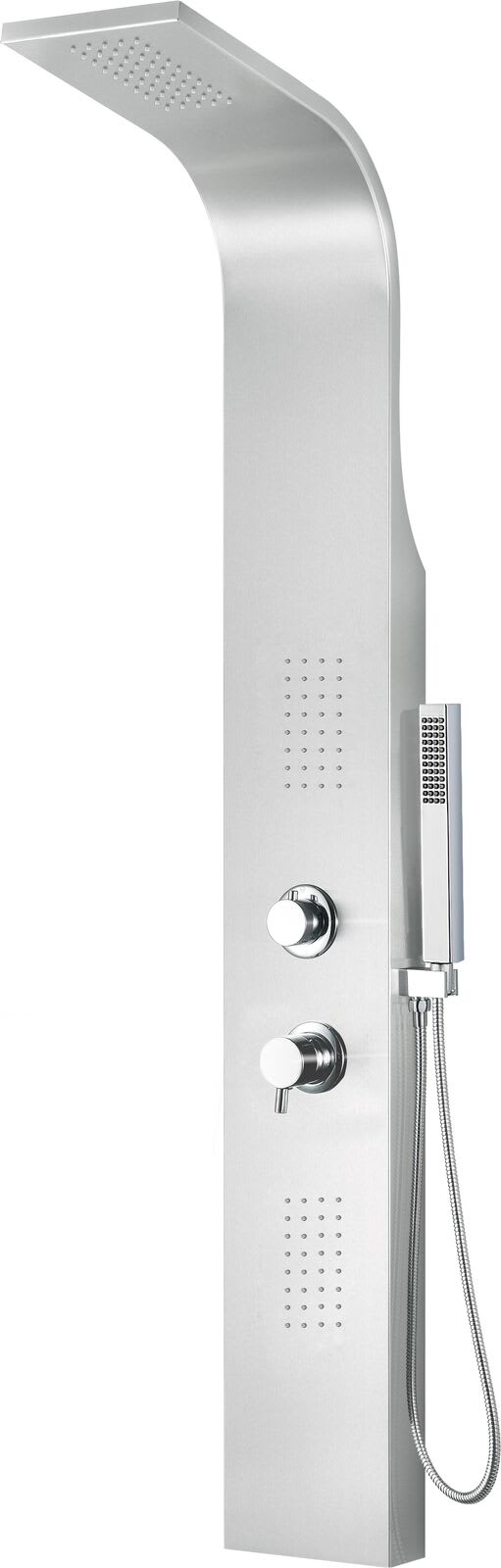 a white shower with a remote control
