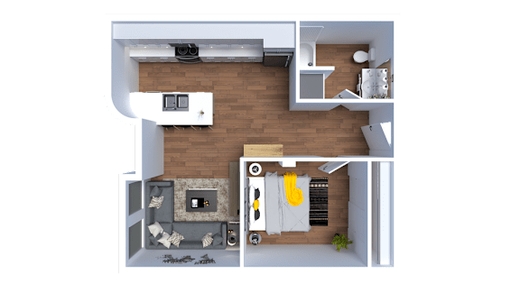 A top-down view of a small apartment with a living room, kitchen, and bathroom.