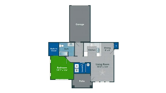 A floor plan of a house with a living room, dining room, kitchen, bathroom, bedroom, and a garage.