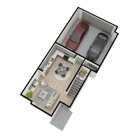 A 3D floor plan of a small apartment with a kitchen, living room, and two bedrooms.