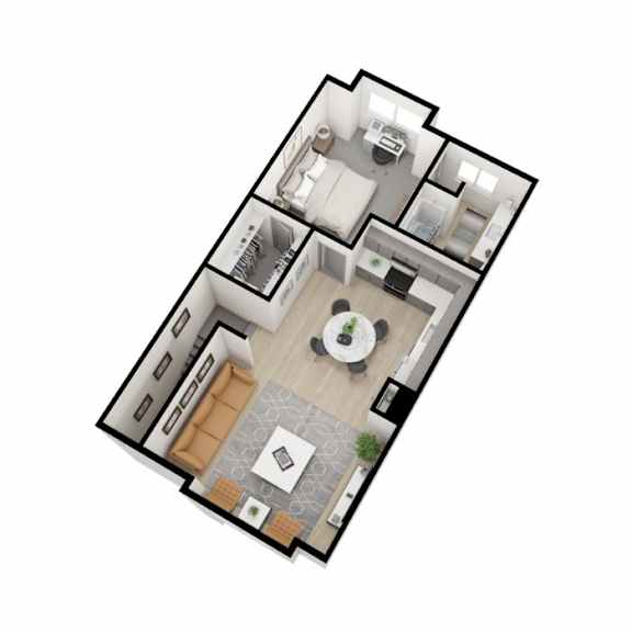 Floor Plan  A floor plan of a house with a living room, kitchen, and two bedrooms.