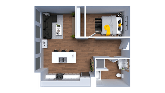 A top-down view of a small, neatly organized apartment with a kitchen, living room, and bedroom.