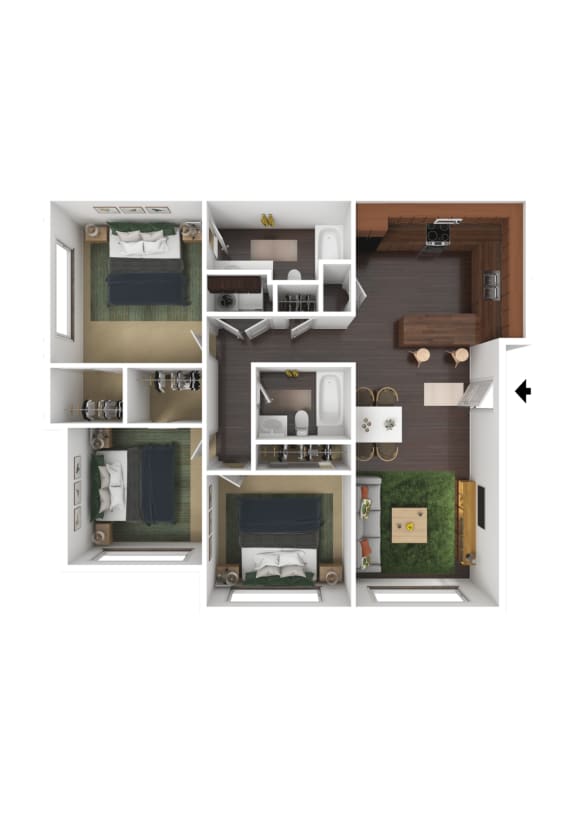 Clearfield Station Apartments 3 Bed 2 Bath 3DF Floor Plan