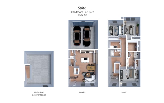 A floor plan of a suite with 3 bedrooms and a 2.5 bath.