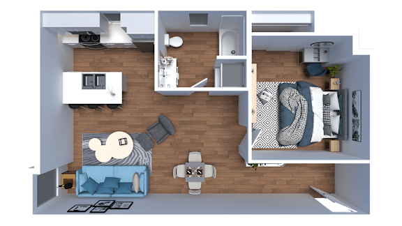 A 3D floor plan of a small apartment with a living room, kitchen, and bedroom.