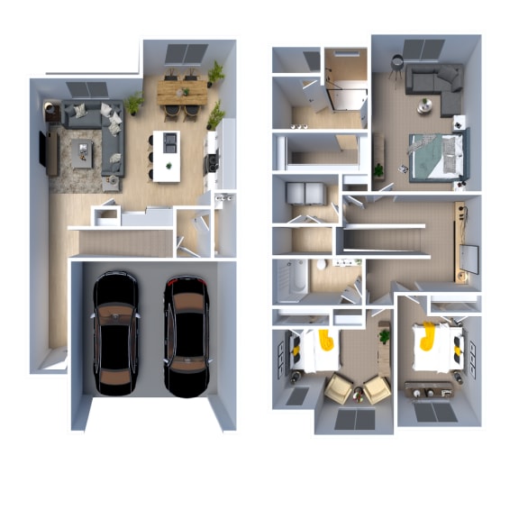 A digital rendering of the floorplan with furniture for a 3 Bedroom Townhome in Washington, UT