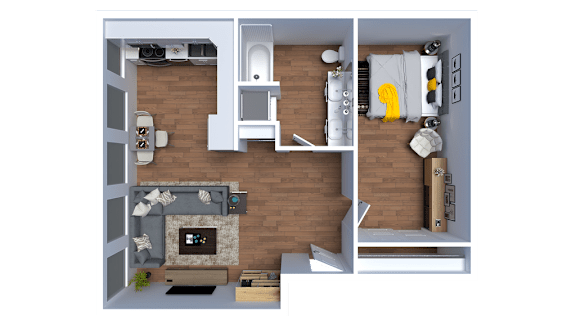 A 3D floor plan of a small apartment with a living room, kitchen, and bedroom.