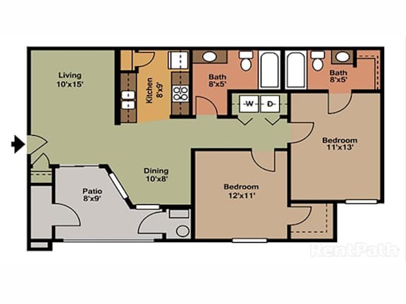 A floor plan of a house with a living room, two bedrooms, a dining room, a kitchen, and two bathrooms.