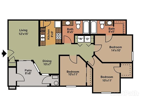 A floor plan of a house with a living room, dining room, kitchen, three bedrooms, and two bathrooms.