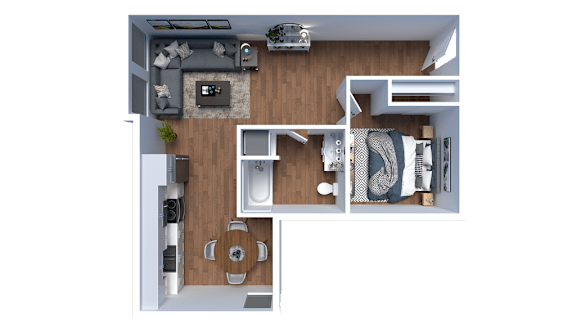 A top-down view of a small apartment with a kitchen, living room, and bedroom.
