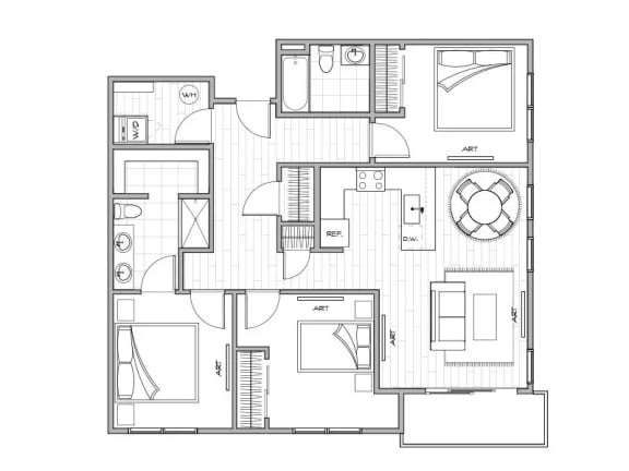Lotus Gallacher Apartments for rent in Salt Lake City, UT architectural floorplan drawing of an apartment with living room and bedrooms at Lotus Gallacher luxury apartments for rent in Salt Lake City, UT
