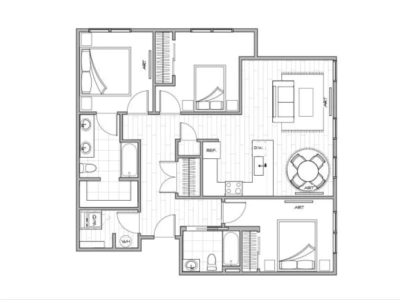 black and white floor plan of a modern apartment at Lotus Gallacher luxury apartments for rent in Salt Lake City, UT