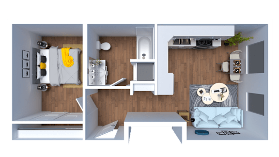 A top-down view of a small apartment with a bedroom, living room, and kitchen.