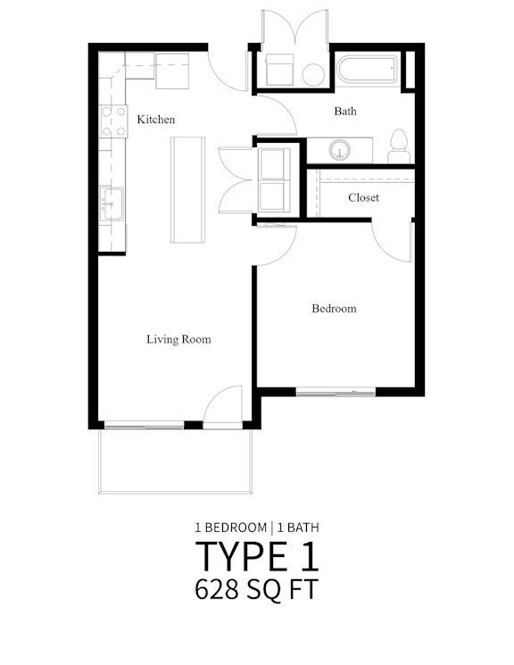 A black and white image of a Type 1 apartment floor plan with 628 square feet.