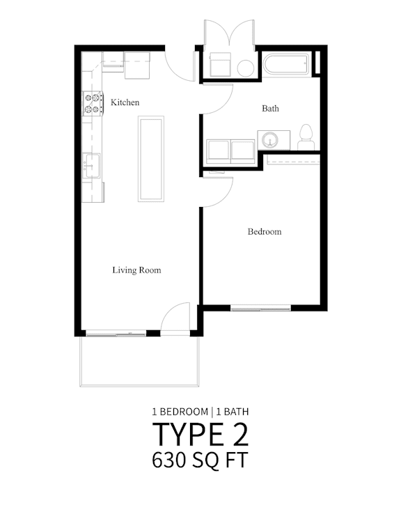 A black and white image of a floor plan for a 630 square foot Type 2 apartment.