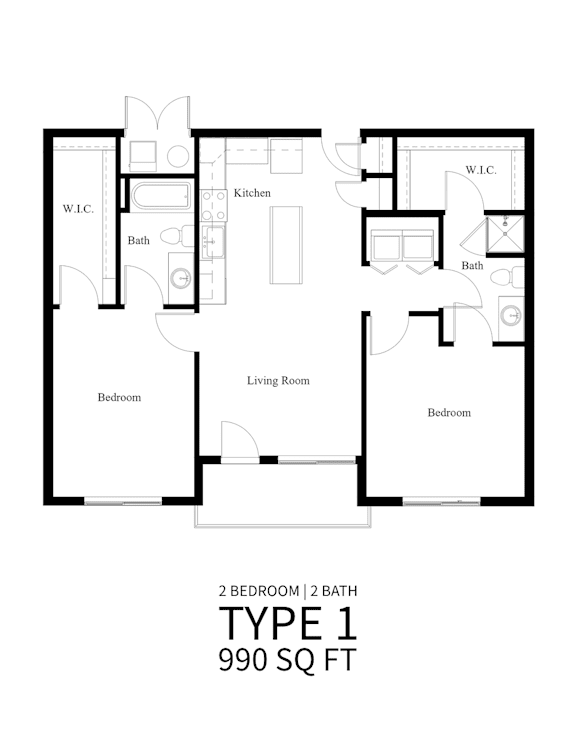 A black and white image of a Type 1 apartment floor plan with 2 bedrooms and 1 bath.