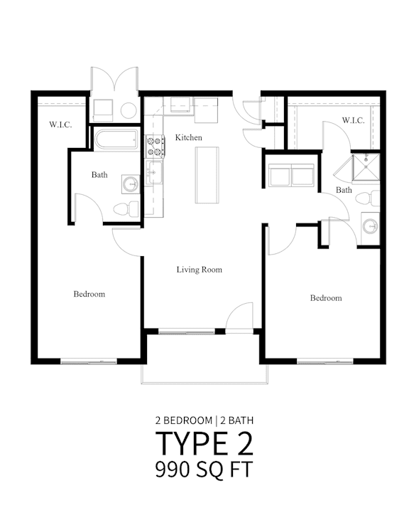 A black and white image of a floor plan for a 2 bedroom, 2 bath type 2 apartment.