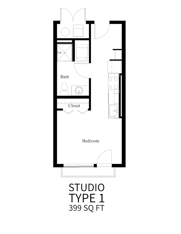 A floor plan of a studio type 1 apartment sized at 399 square feet.