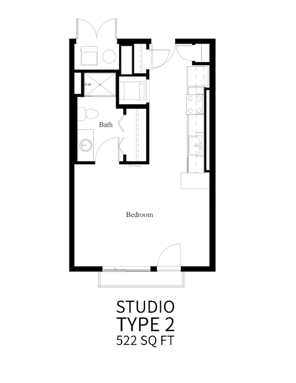 A floor plan of a Studio Type 2 that is 522 square feet.