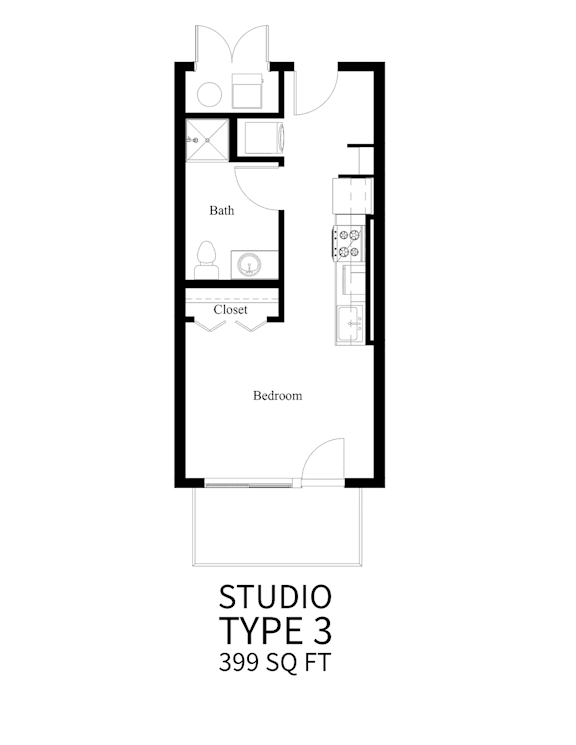 A floor plan of a studio type 3 apartment is 399 square feet.