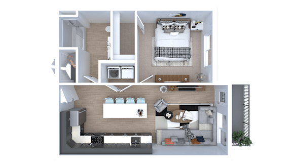 Floor Plan  A 3D floor plan of a house showing a kitchen, living room, dining area, and bedrooms.