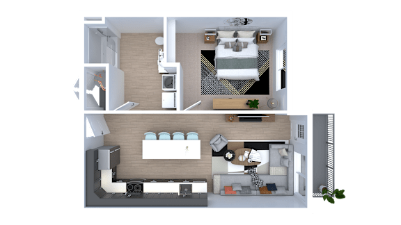 Floor Plan  A 3D floor plan of a house with a living room, kitchen, and bathroom.