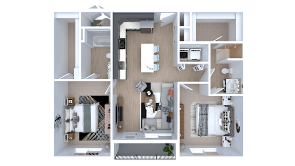 A 3D floor plan of a house with multiple rooms and furniture.