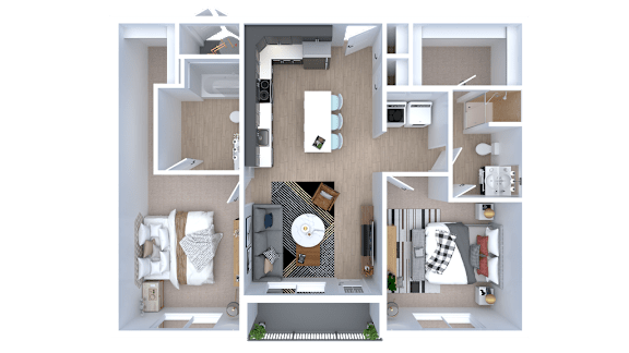 Floor Plan  A 3D floor plan of a house with a kitchen, living room, and two bedrooms.