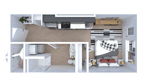 Floor Plan  A 3D rendered image of a modern bedroom with a bed, desk, and entertainment system.