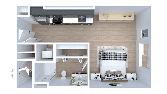 Floor Plan  A 3D rendered image of a modern apartment layout.