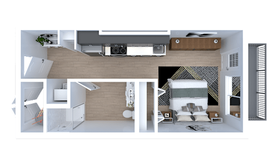 Floor Plan  A 3D rendered image of a modern apartment layout.