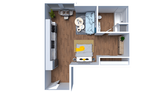 A 3D floor plan of a small apartment with a kitchen, living room, and bedroom.