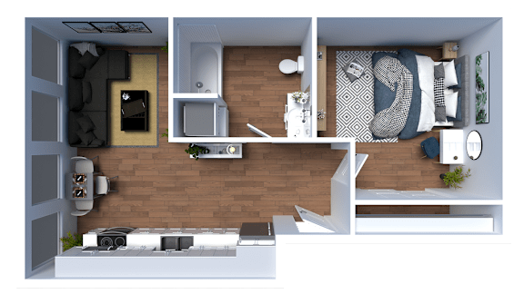 Floor Plan  A top-down view of a small, well-organized apartment with a kitchen, living room, and bedroom.