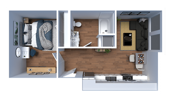 A top-down view of a small apartment layout with a kitchen, living room, and bedroom.