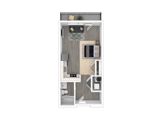 A floor plan of a small apartment with a kitchen, living room, and bathroom.