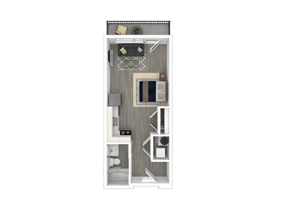 A floor plan of a small apartment with a kitchen, living room, and bathroom.
