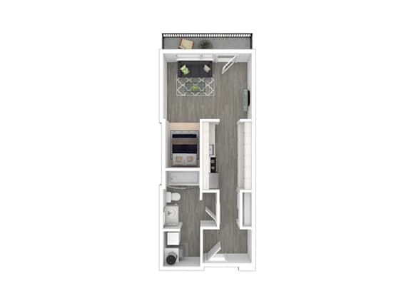 A floor plan of a small apartment with a kitchen, living room, and bathroom.