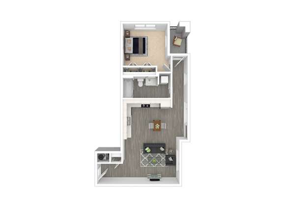 A floor plan of a house with a kitchen, living room, and two bedrooms.