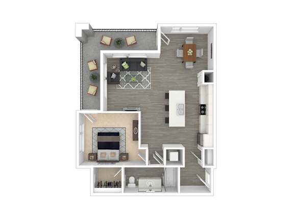 Floor Plan  A top-down view of a house layout with a living room, kitchen, and dining area.