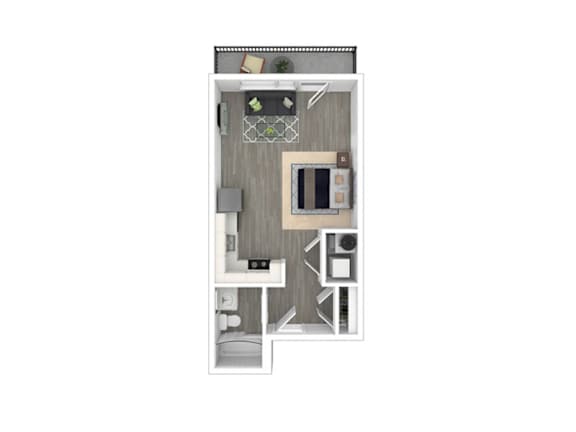 A drawing of a small apartment with a kitchen, living room, and bathroom.